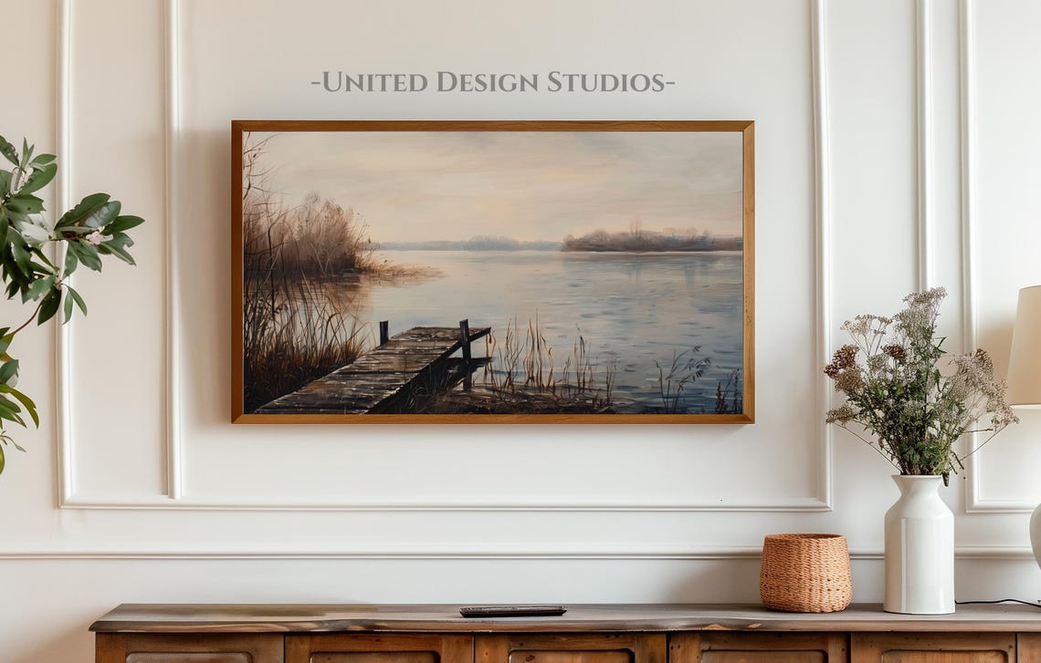 Serene Lake Wooden Dock Reeds Muted Landscape Painting Poster - Image 4