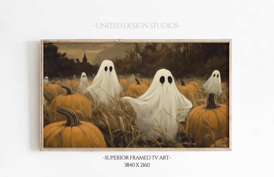Halloween Ghosts in Pumpkin Patch Spooky Fall Night Frame TV Art Poster