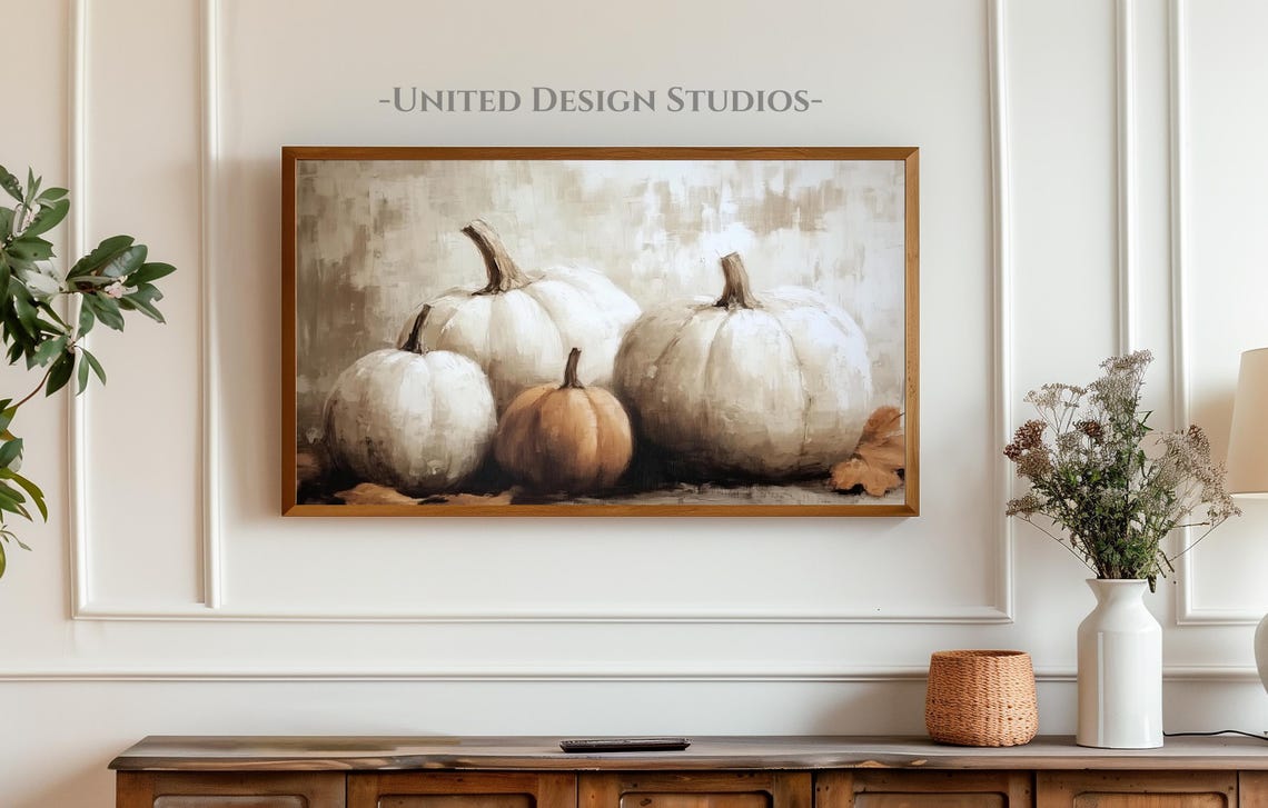 White Pumpkins Neutral Still Life One Orange Fall Farmhouse Art Poster - Image 3