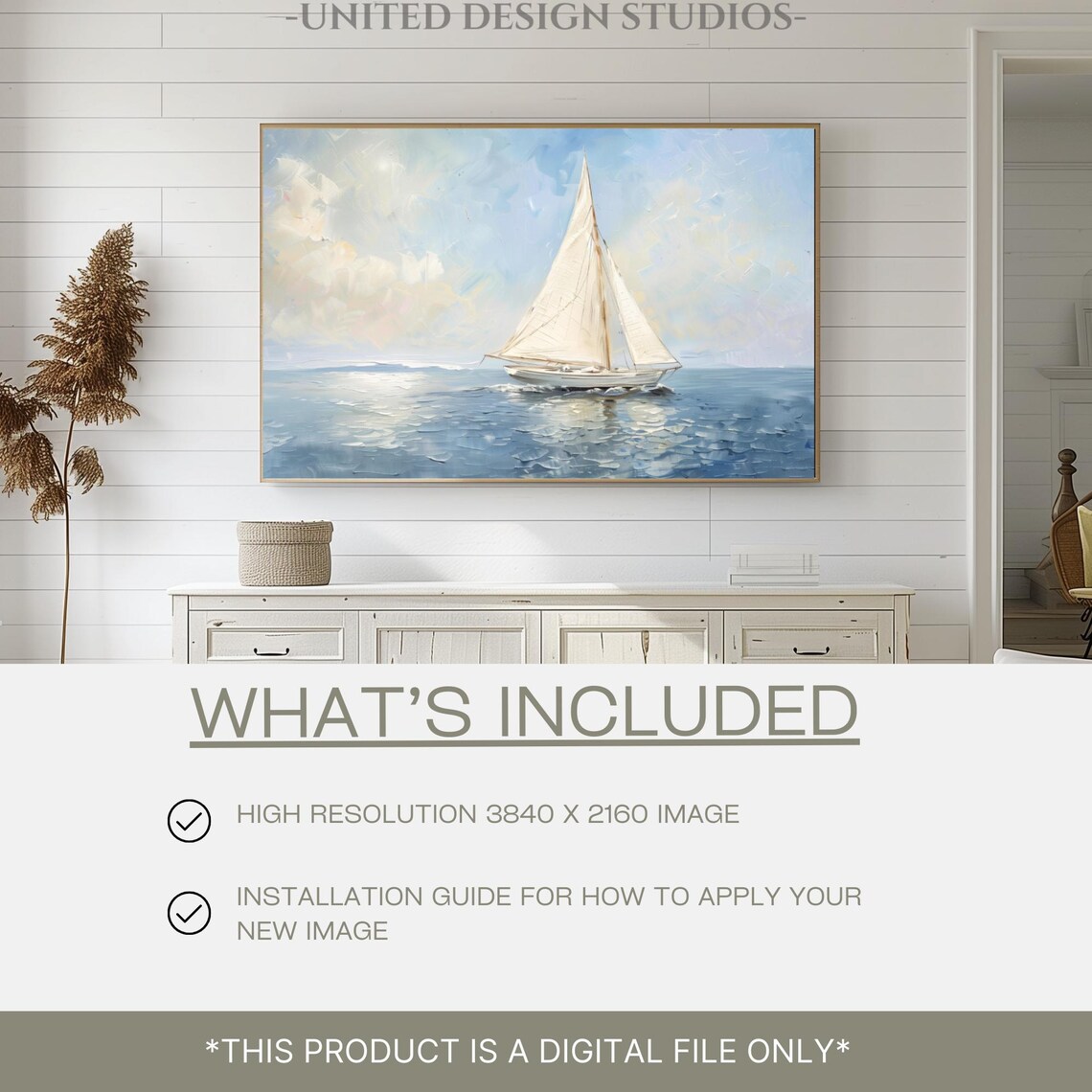 Sailboat on Calm Blue Ocean White Sails Seascape Painting Frame TV Art Poster - Image 2