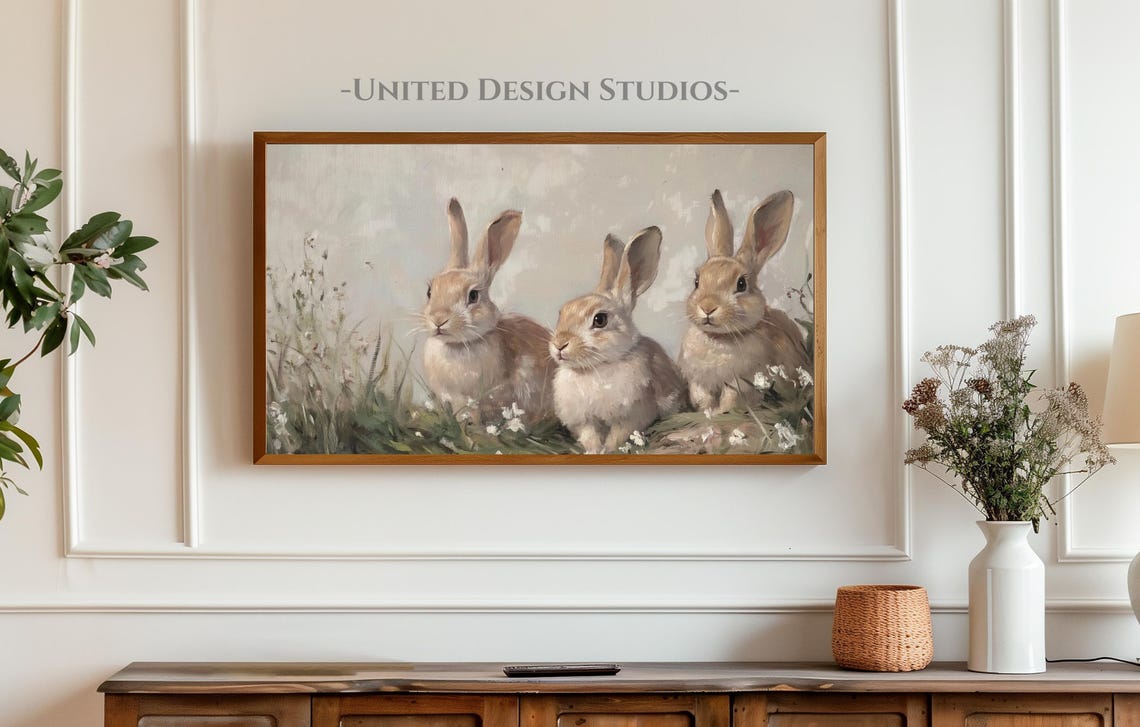 Three Baby Bunnies In Grassy Meadow Neutral Easter Rabbit Wall Art - Image 5