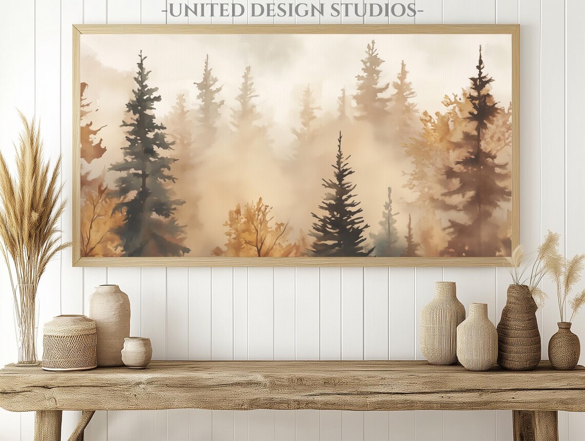 Misty Autumn Pine Forest Golden Fall Watercolor Landscape Poster - Image 3
