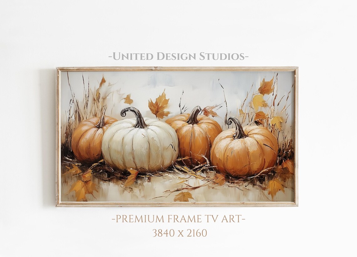 Rustic White Orange Pumpkins Oil Painting Fall Farmhouse Frame TV Poster
