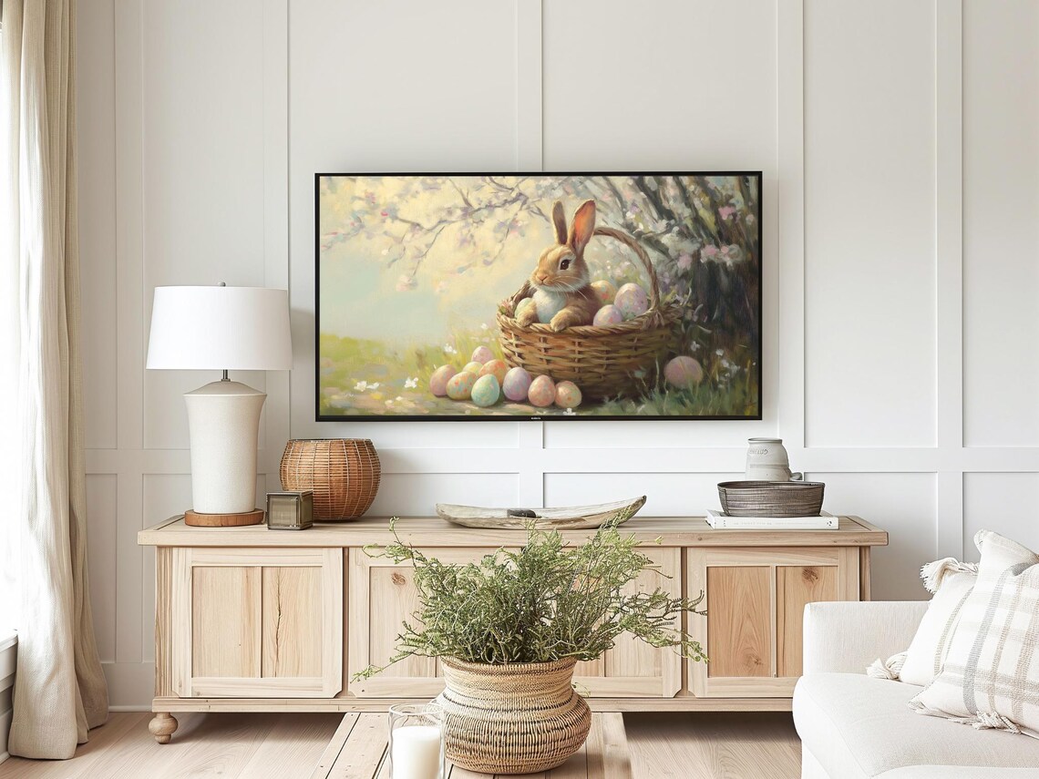 Easter Bunny In Basket With Easter Eggs, Floral - Image 3
