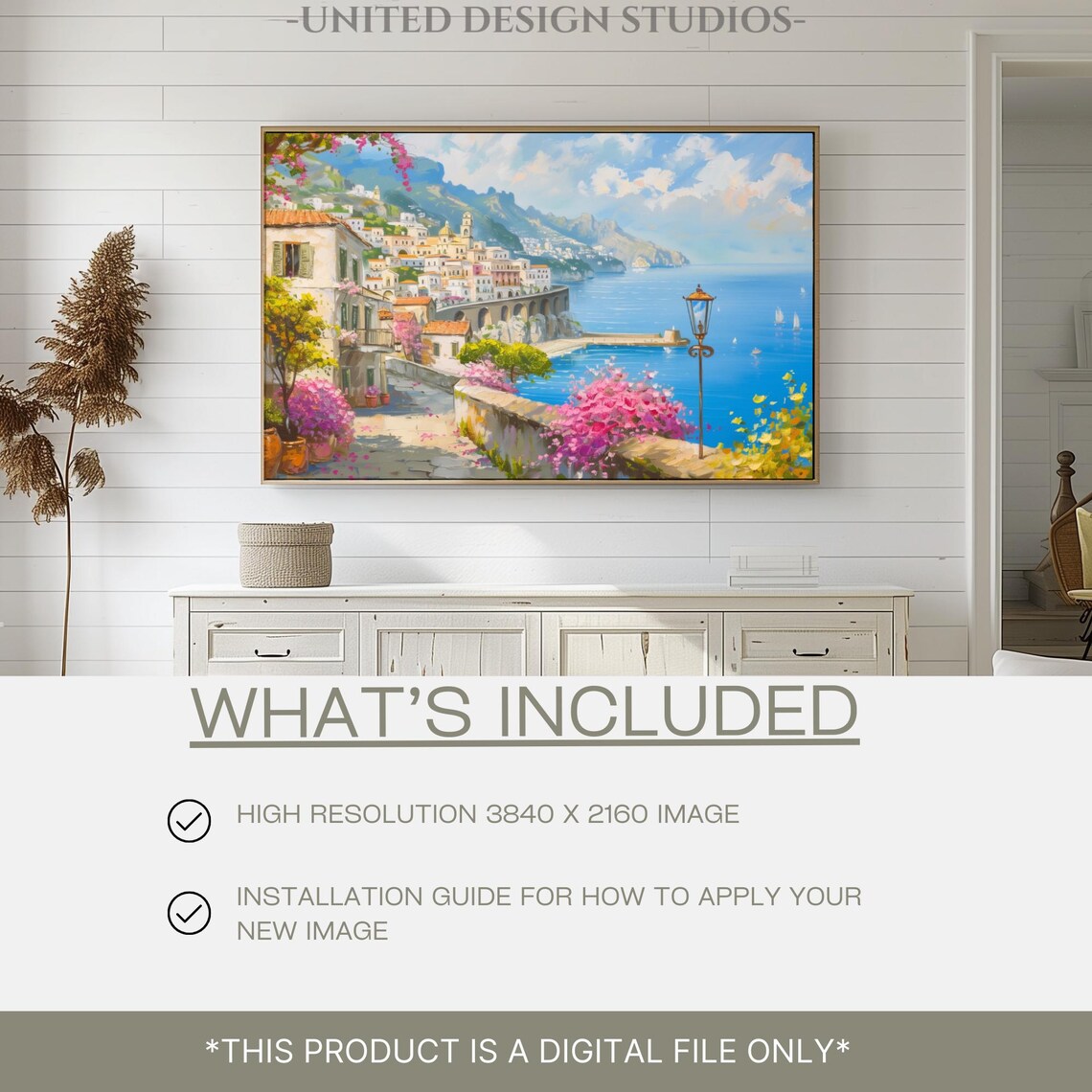 Amalfi Coast Village Painting Blue Sea Bougainvillea Italy Seaside View Poster - Image 2