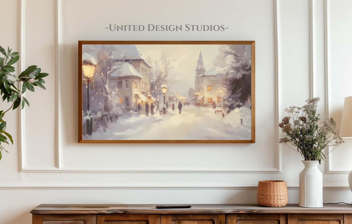 Snowy European Town Street Lamplight Winter Village Wall Art - Image 4