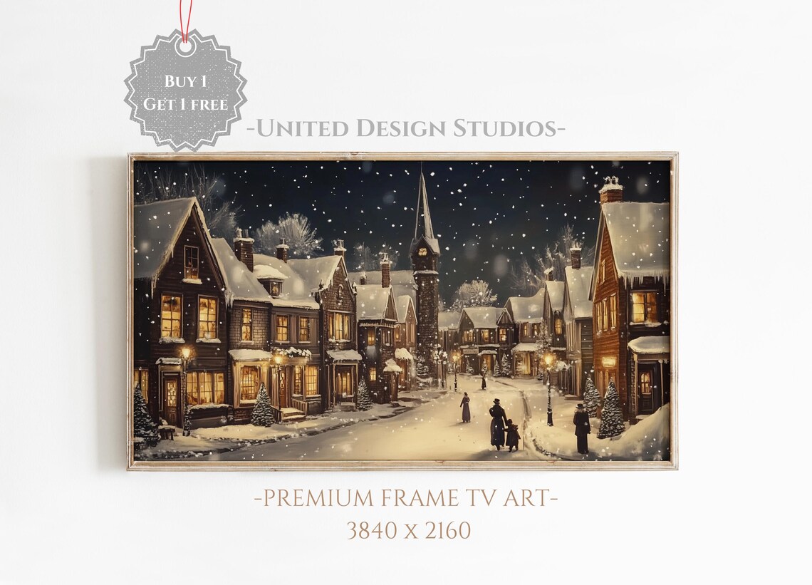 Christmas Winter Village Frame Tv Art Winter Night Frame Tv Art Neutral Holiday Winter Town Landscape Painting Christmas Frame Tv Art
