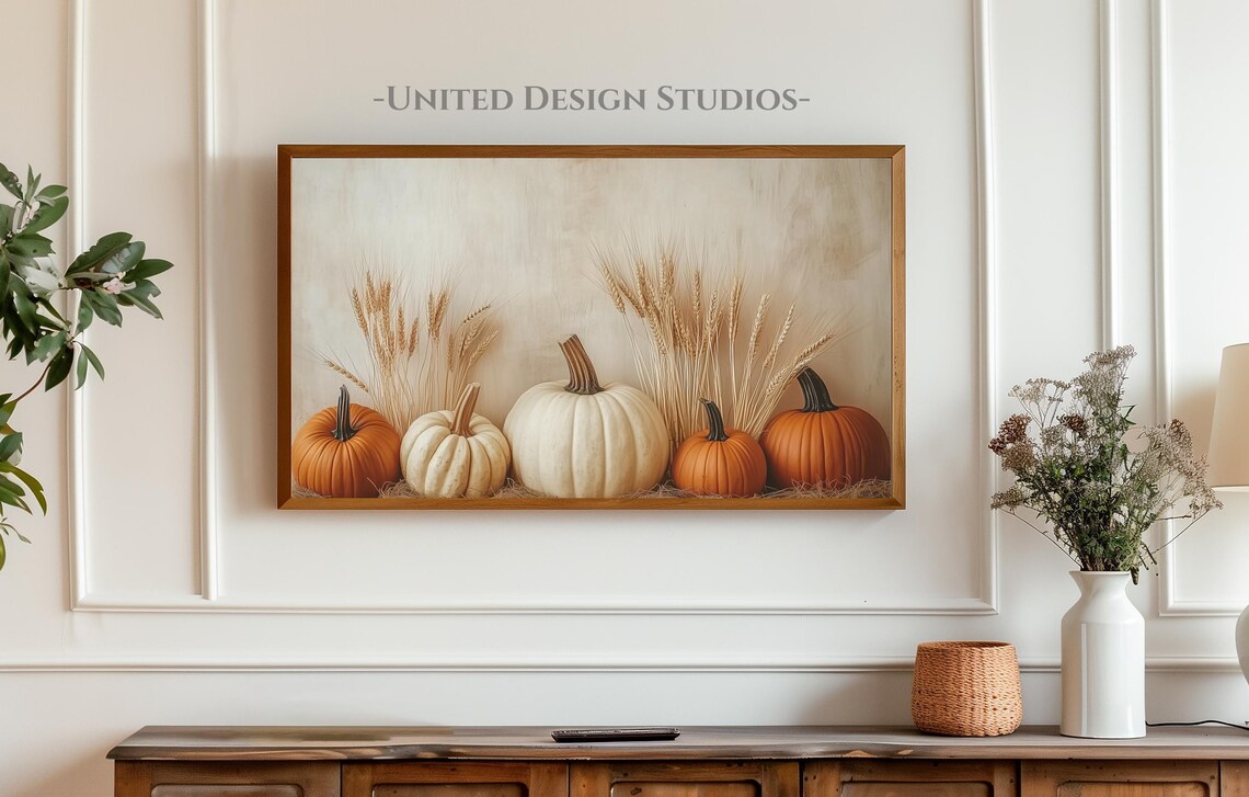Pumpkins Wheat Harvest Still Life Painting Fall Farmhouse Decor Autumn Poster - Image 3