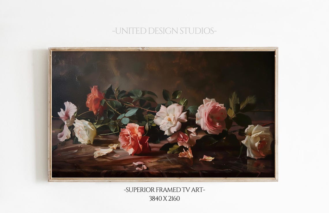 Scattered Roses Dark Background Romantic Still Life Oil Poster