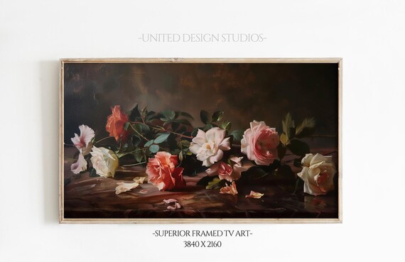Roses Valentines Day Frame Tv Art Floral Oil Painting Botanical Flowers Frame Tv Art Dark Moody Decor Baroque Frame Tv Art