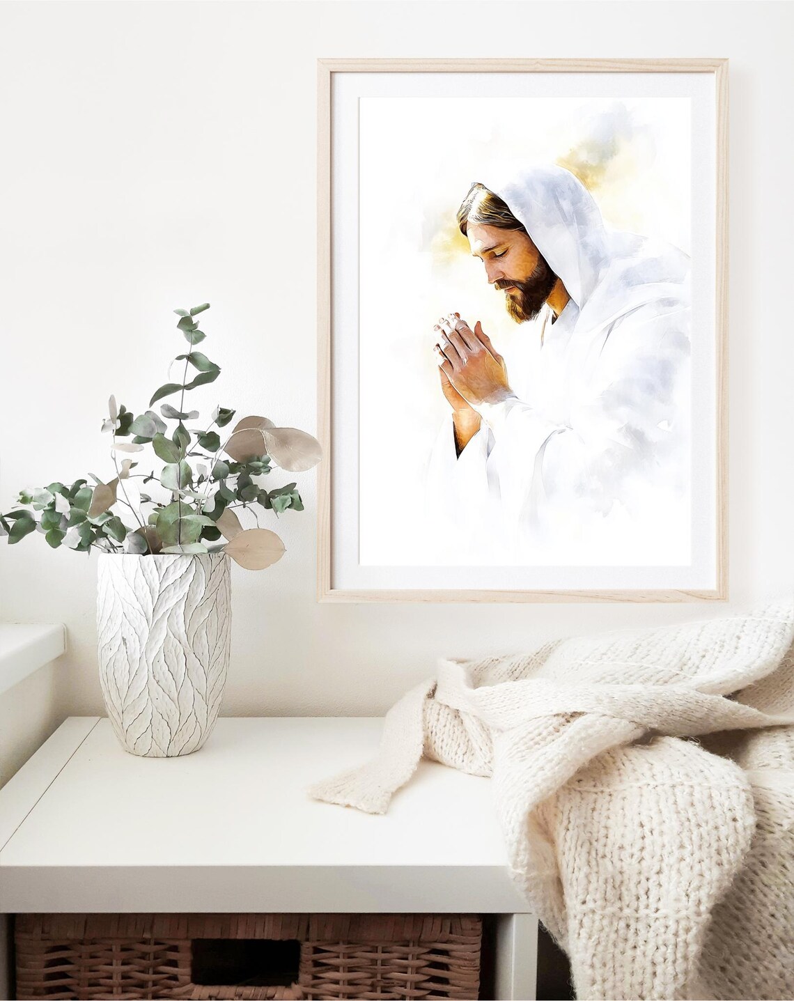 Hooded Jesus Praying White Robe Watercolor Reverent Christian Art Poster - Image 4