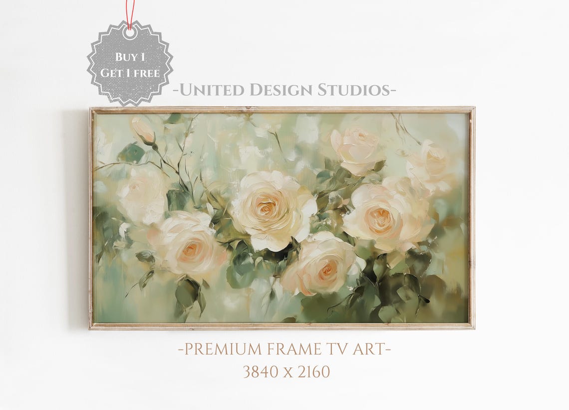 White Roses Sage Green Soft Floral Oil Painting Frame TV Art Poster
