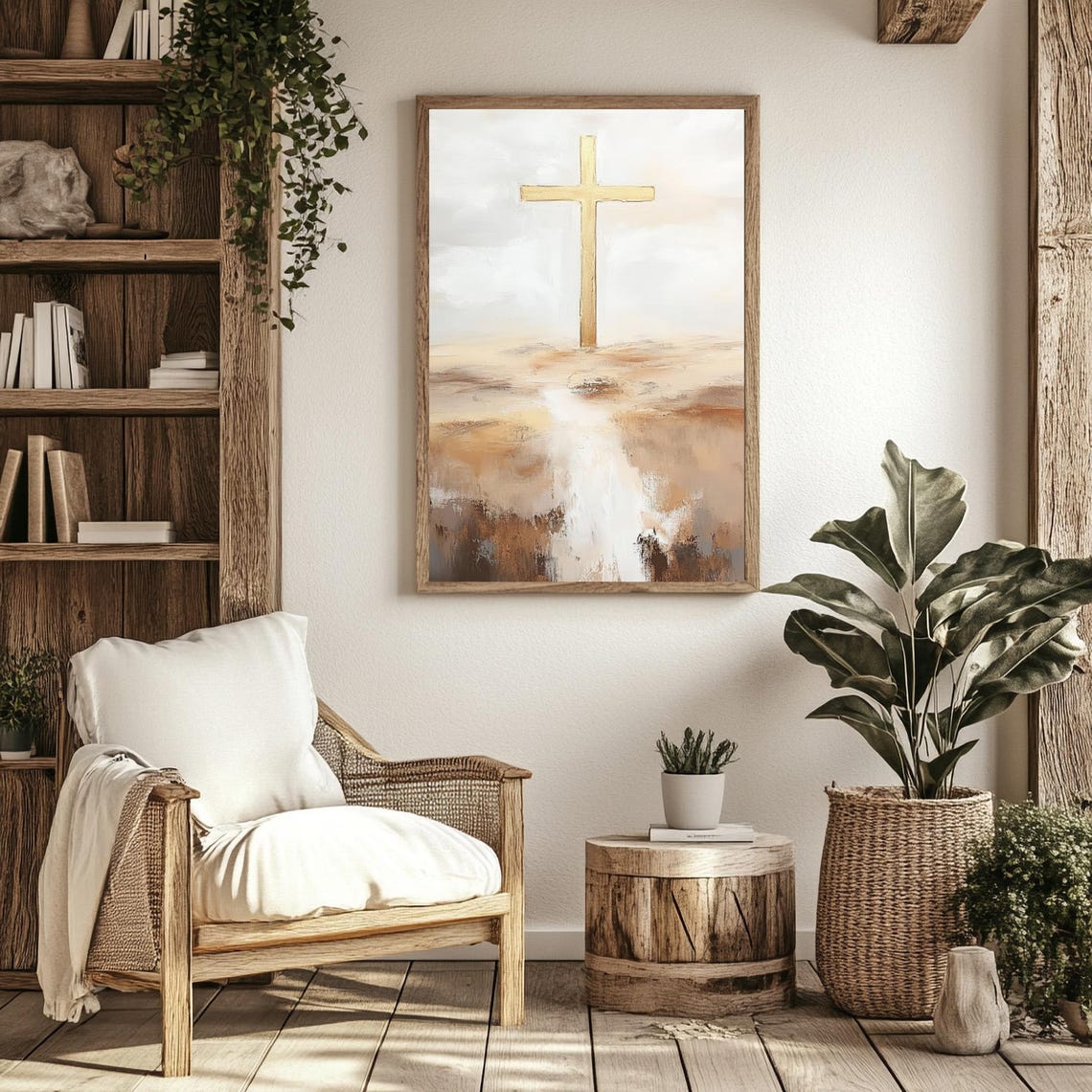 Gold Cross Abstract Beige Christian Faith Minimalist Wall Art Poster - Image 2