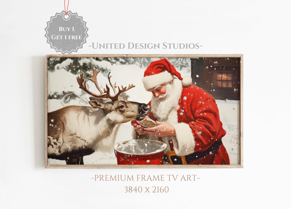 Christmas Frame Tv Art Classic Painting Of Santa Feeding Reindeer Frame Tv Art Santa Claus Tv Art Farmhouse Santa Frame Tv Art