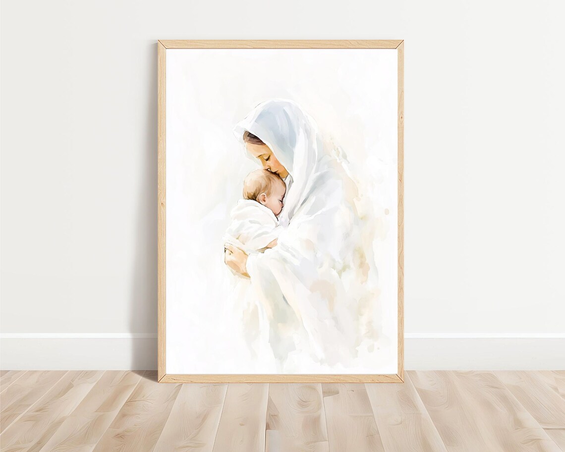 Virgin Mary Holding Baby Jesus, Modern Christian Art - Image 3