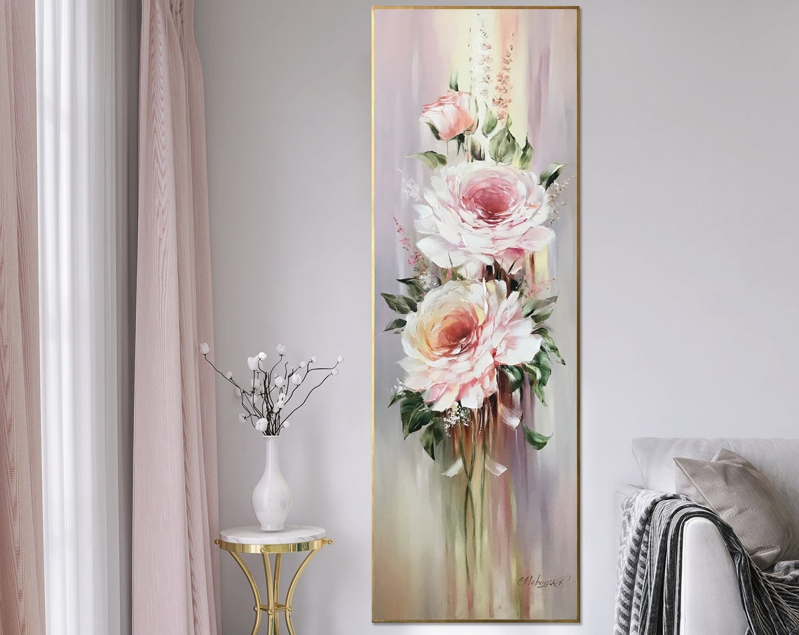 White Blush Roses Vertical Oil Painting Narrow Wall Floral Art Poster