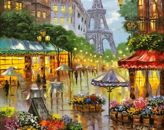 Paris Street Scene Oil Painting, Parisian Market Art Print