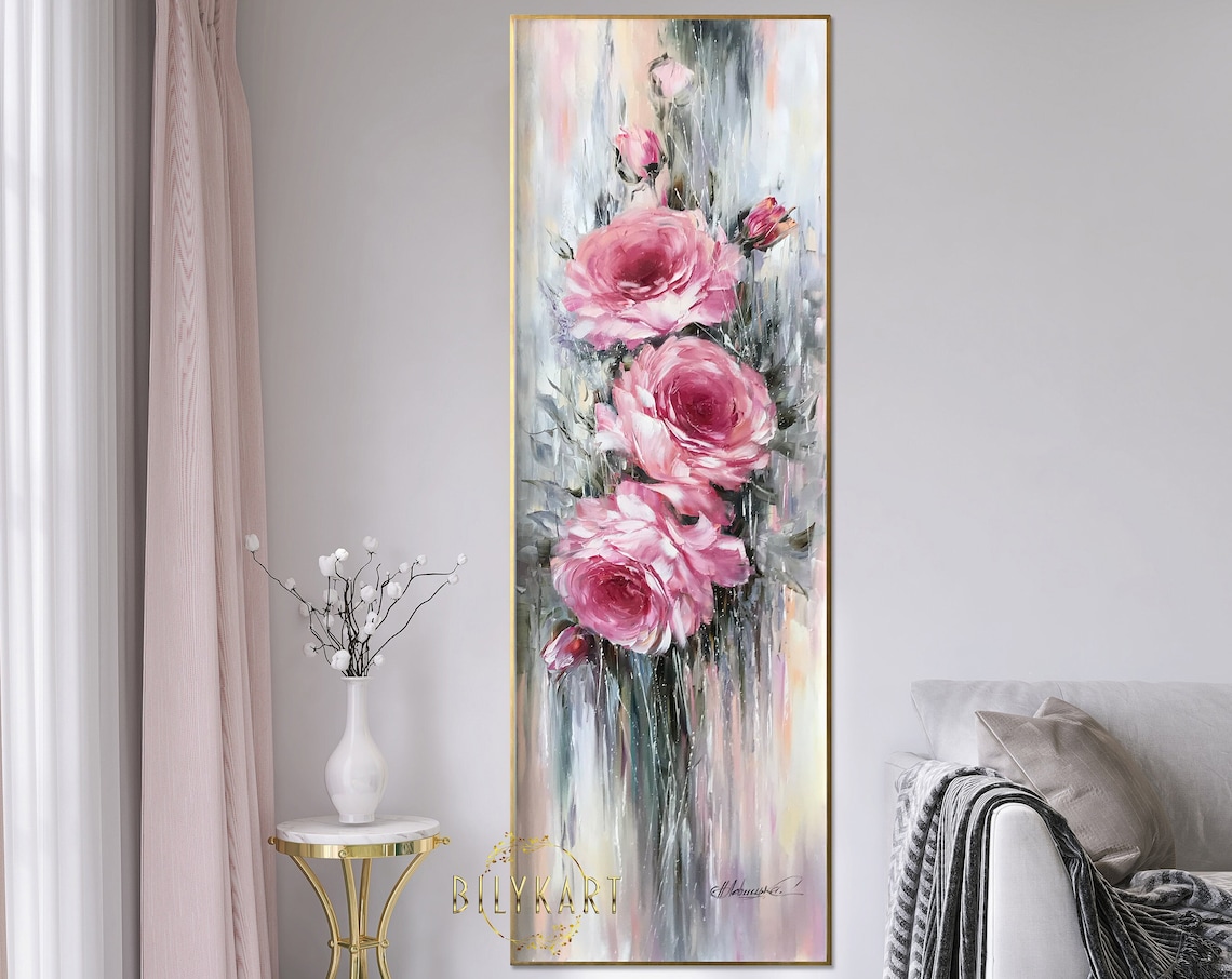 Tall Pink Roses Vertical Oil Painting Narrow Wall Floral Art Poster