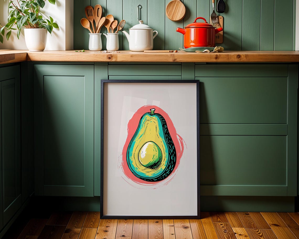 Avocado Pop Art Illustration on Pink Brushstroke Modern Kitchen Poster