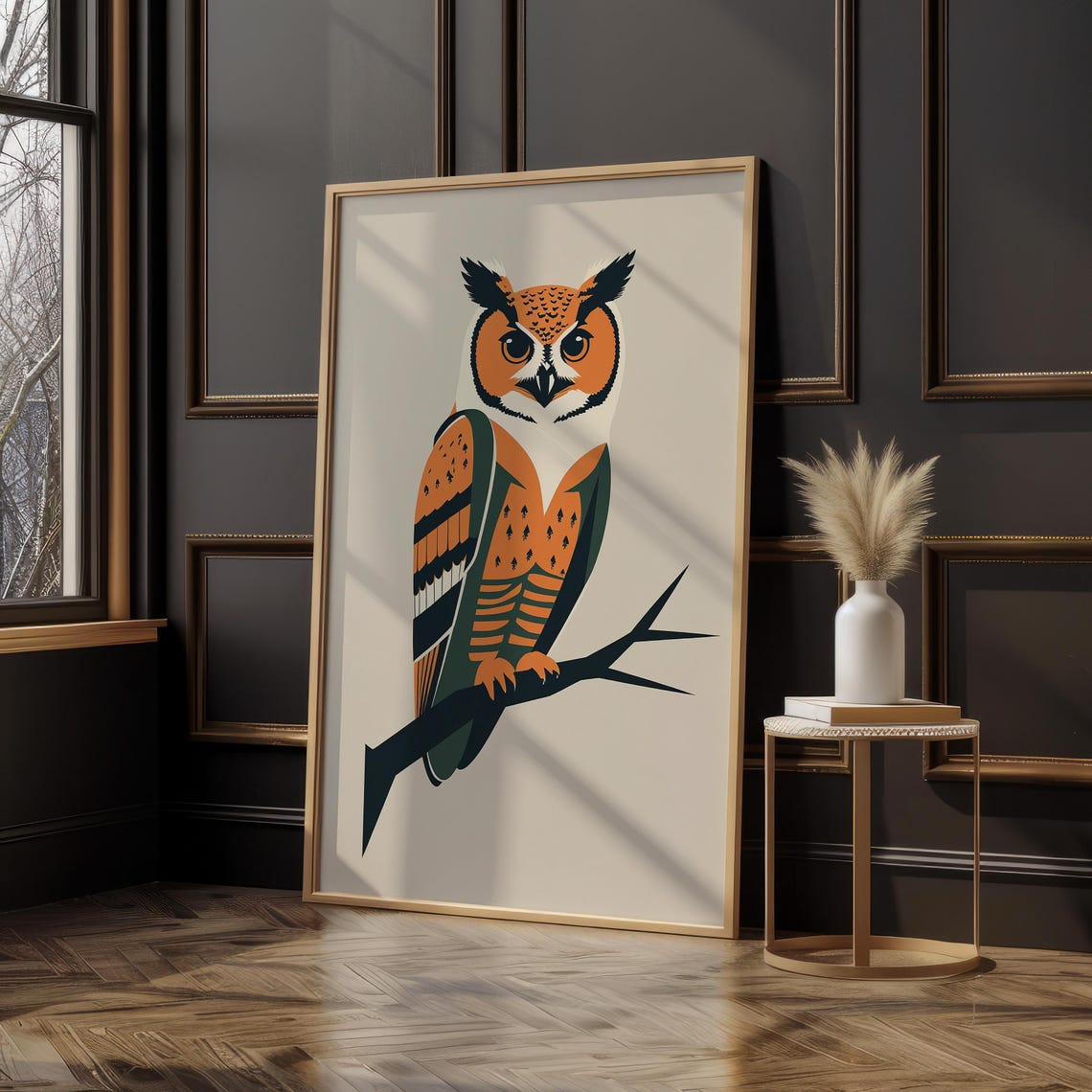Geometric Owl On Branch Stylized Modern Bird Illustration Poster