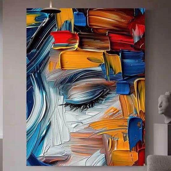 Closed Eye in Blue and Orange Palette Knife Strokes Art Poster