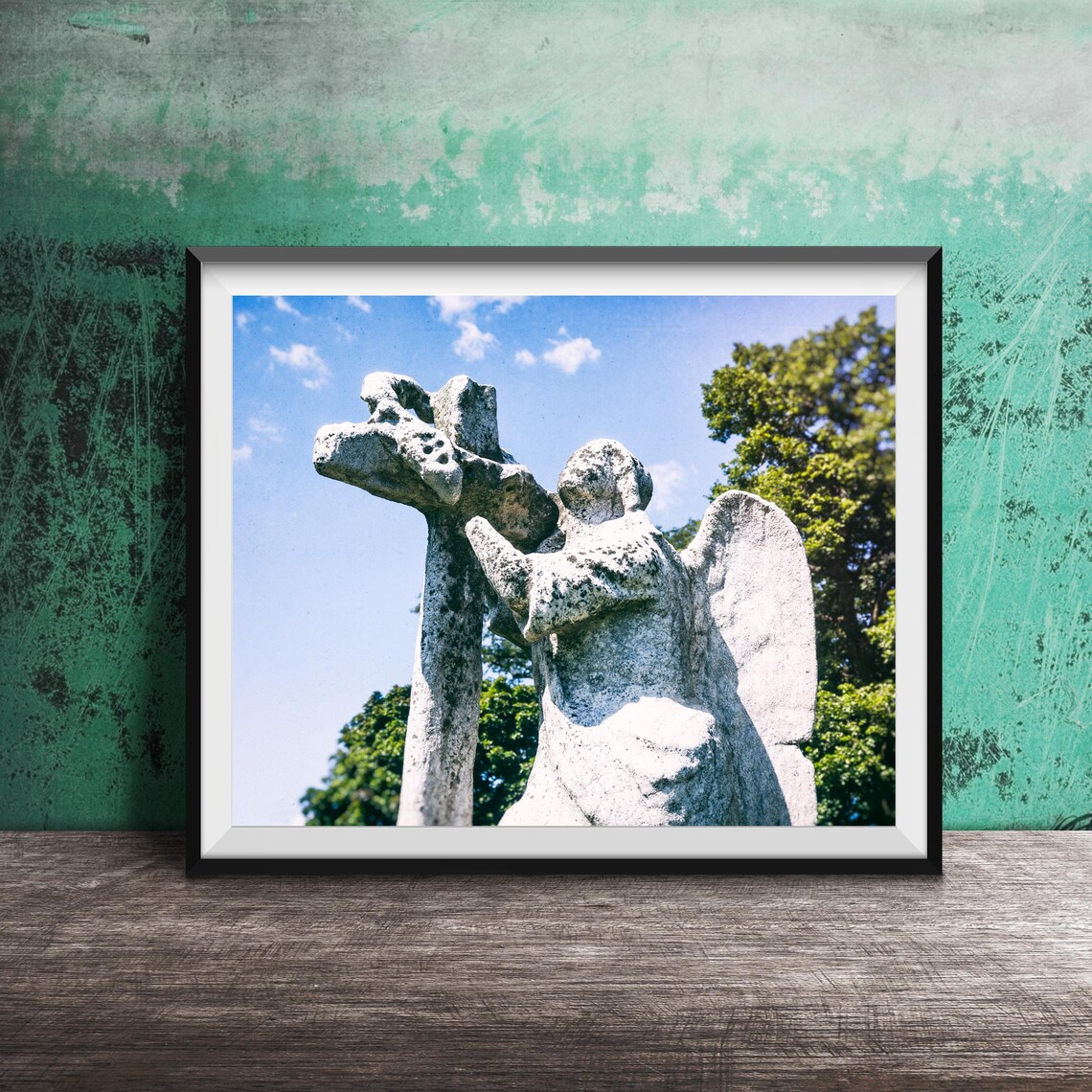 Stone Angel Hugging Cross Cemetery Sculpture Photography Poster