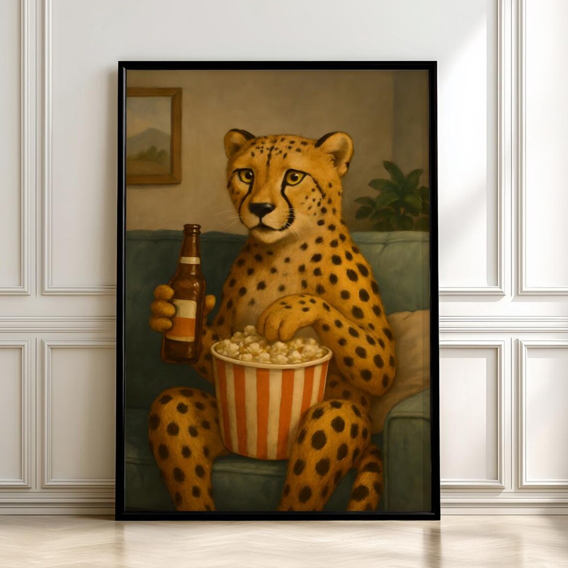 Cheetah Movie Night With Beer And Popcorn Funny Animal Art Poster