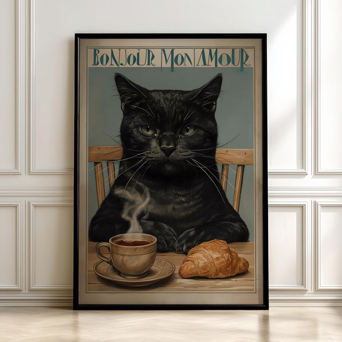 Bonjour Mon Amour Black Cat French Cafe Vintage Style Poster