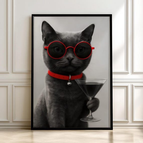 Dapper Gray Cat in Red Sunglasses Holding Martini Glass Poster