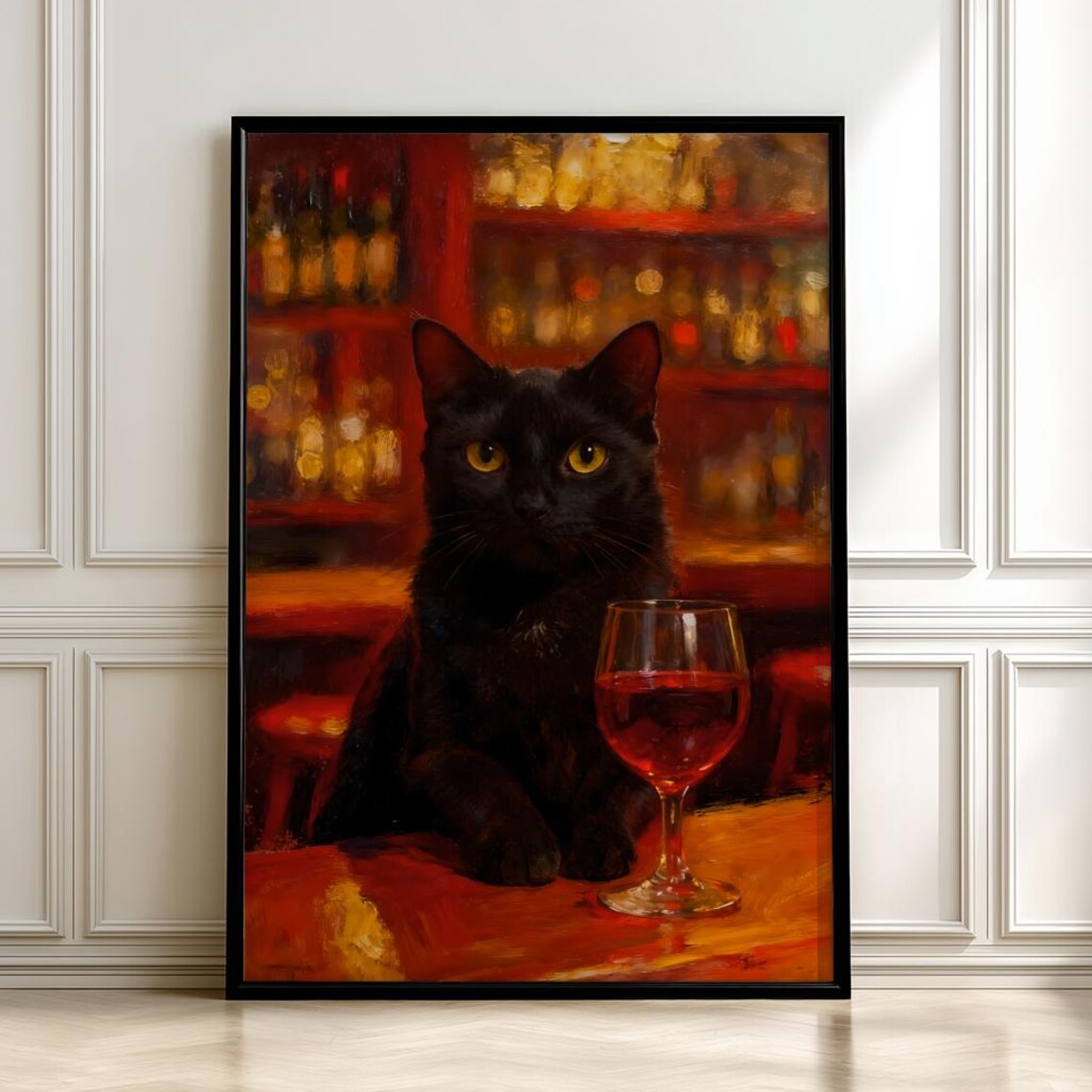 Black Cat With Wine Bar Scene Moody Golden Hour Painting Art Poster