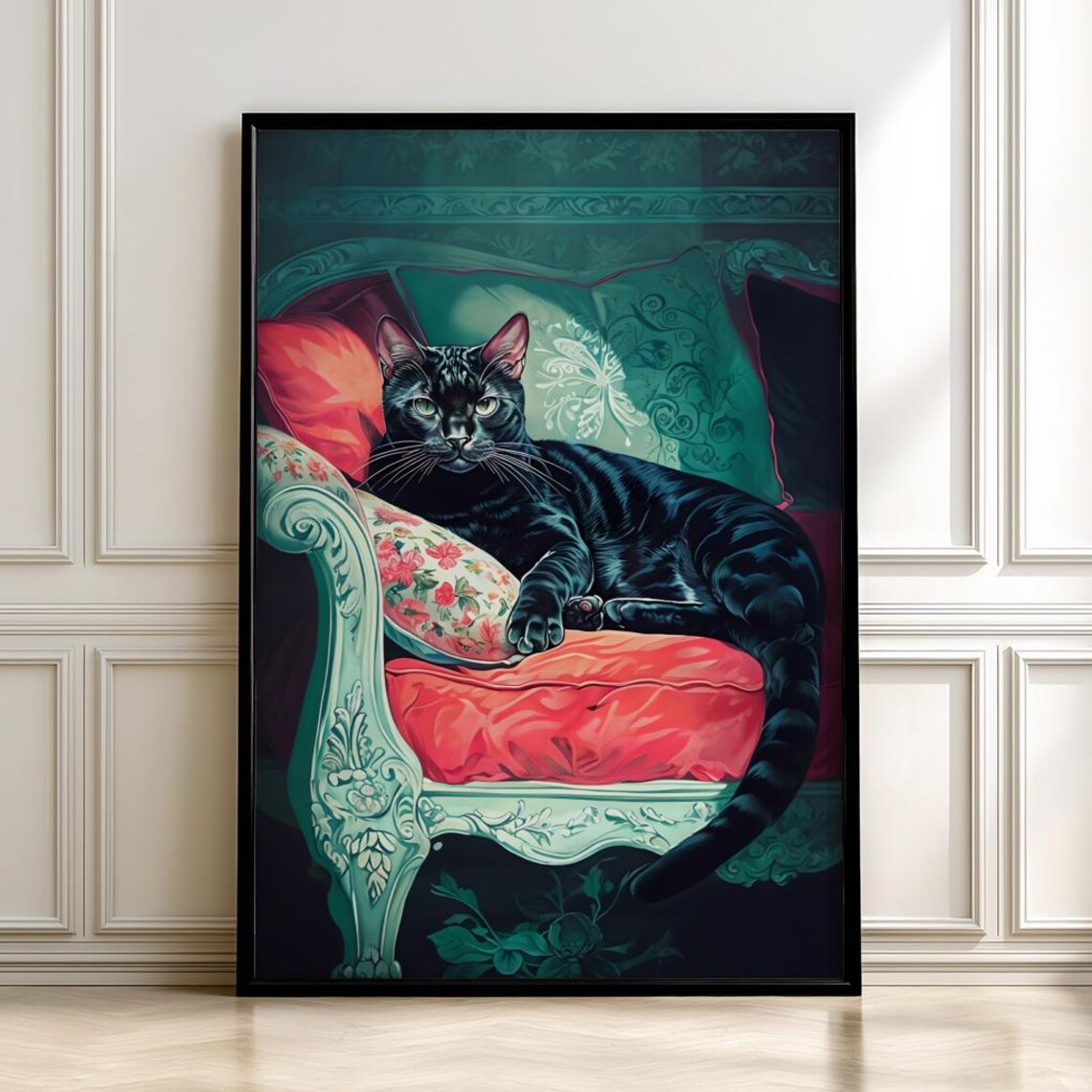 Black Cat Lounging On Vintage Floral Chaise Lounge Ornate Art Poster