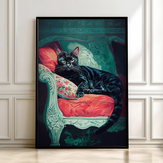 Black Cat Lounging On Vintage Floral Chaise Lounge Ornate Art Poster