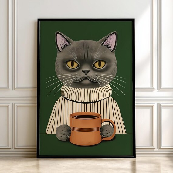 Gray Cat in Striped Turtleneck Holding Coffee Mug Cute Poster