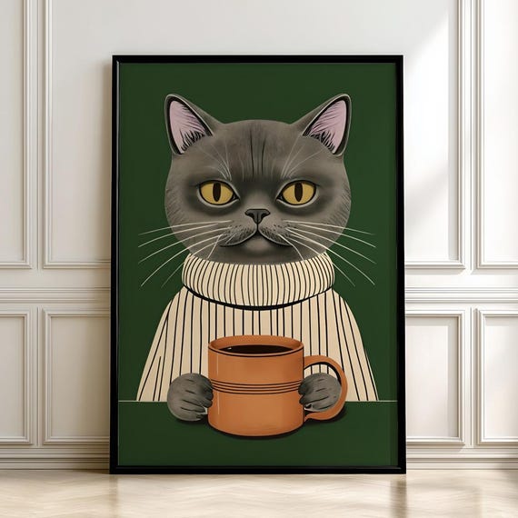 Minimalist Cat And Coffee Wall Art Retro Green Kitchen Printdigital