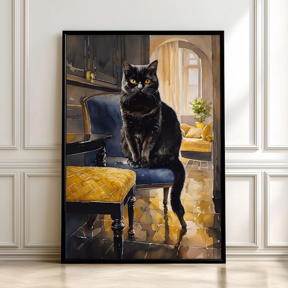 Black Cat on Blue Armchair Elegant Watercolor Painting Cat Poster