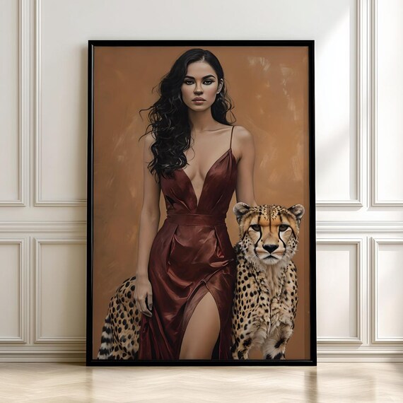 Elegant Woman In Red Satin Dress With Cheetah Glamour Art Poster