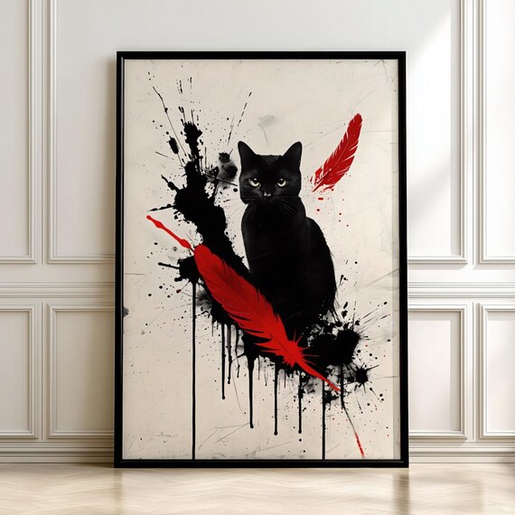 Spooky Black Cat Ink Splatter Art Print Bold Statement Posterdigital