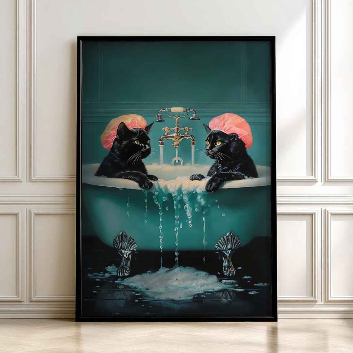 Two Black Cats In Bubble Bath Shower Caps Funny Animal Art Poster