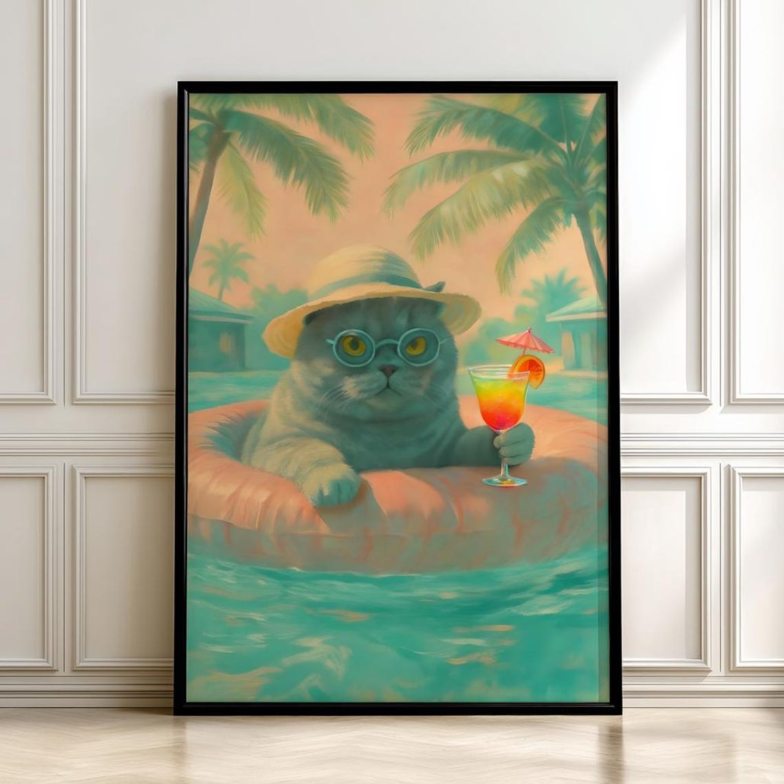 Cat On Pool Float With Cocktail Vacation Funny Animal Art Poster