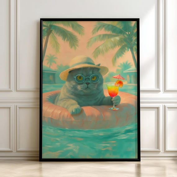 Funny Pool Cat Art Print Grey In Sunglasses With Cocktail Posterdigital