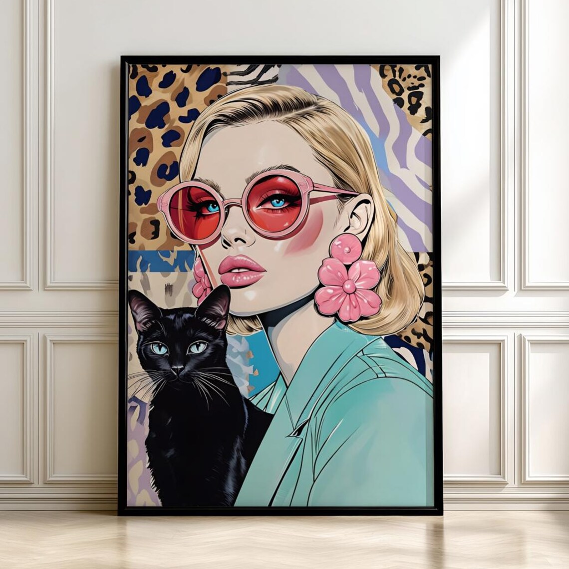 Pop Art Fashion Girl With Black Cat Retro Glam Leopard Style Poster