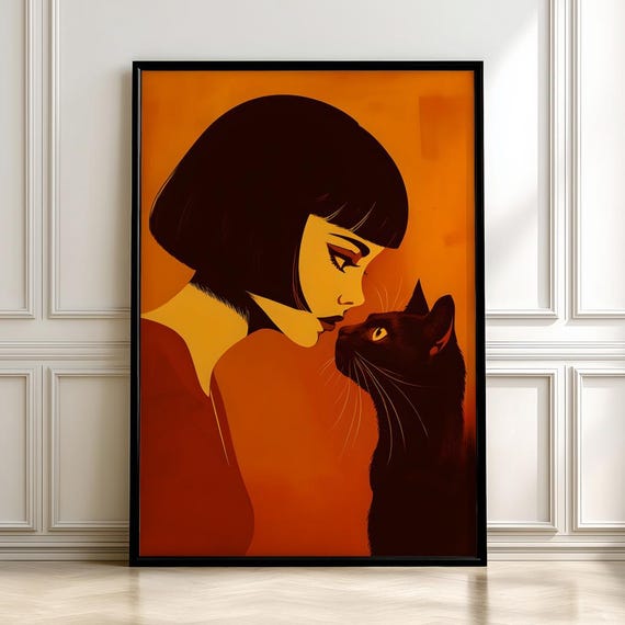 Modern Woman And Black Cat Art Print Retro Minimalist Posterdigital