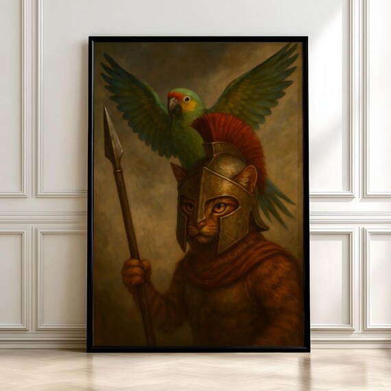 Cat Spartan Warrior Helmet Parrot Oil Painting Funny Animal Poster