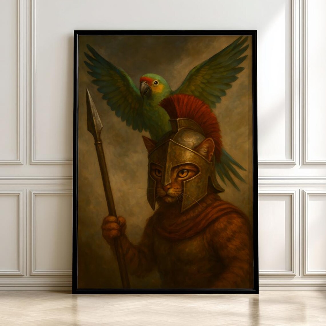 Cat Spartan Warrior Helmet Parrot Oil Painting Funny Animal Poster
