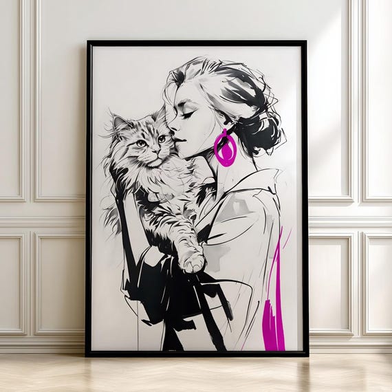 Modern Cat Line Art Print Woman And Illustrationdigital