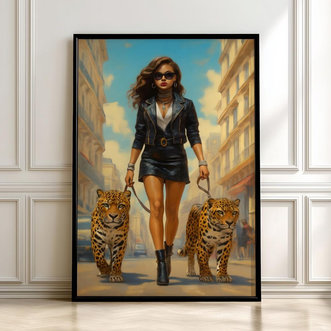 Glamorous Woman Walking Leopards Bold Fashion Illustration Art Poster