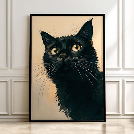 Black Cat Watercolor Portrait Golden Eyes Expressive Art Poster