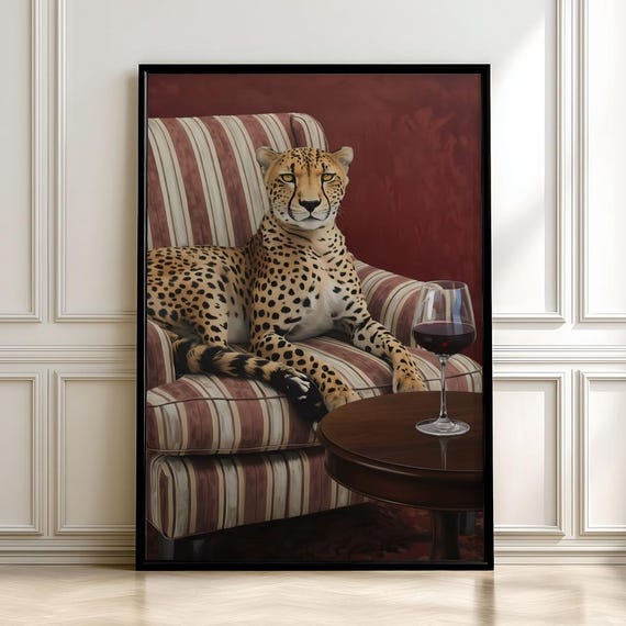 Cheetah Wine Painting Maximalist Animal Art Print Bar Cart Decordigital