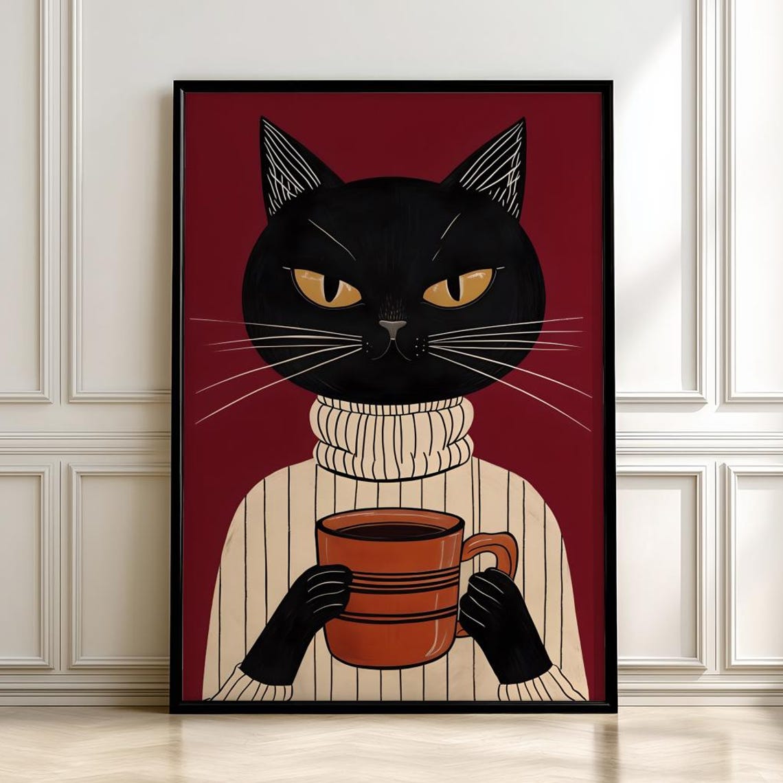 Grumpy Black Cat Coffee Mug Sweater Funny Cozy Morning Art Poster