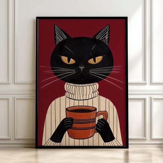Minimalist Black Cat Art Print Cozy With Coffee Cup Posterdigital